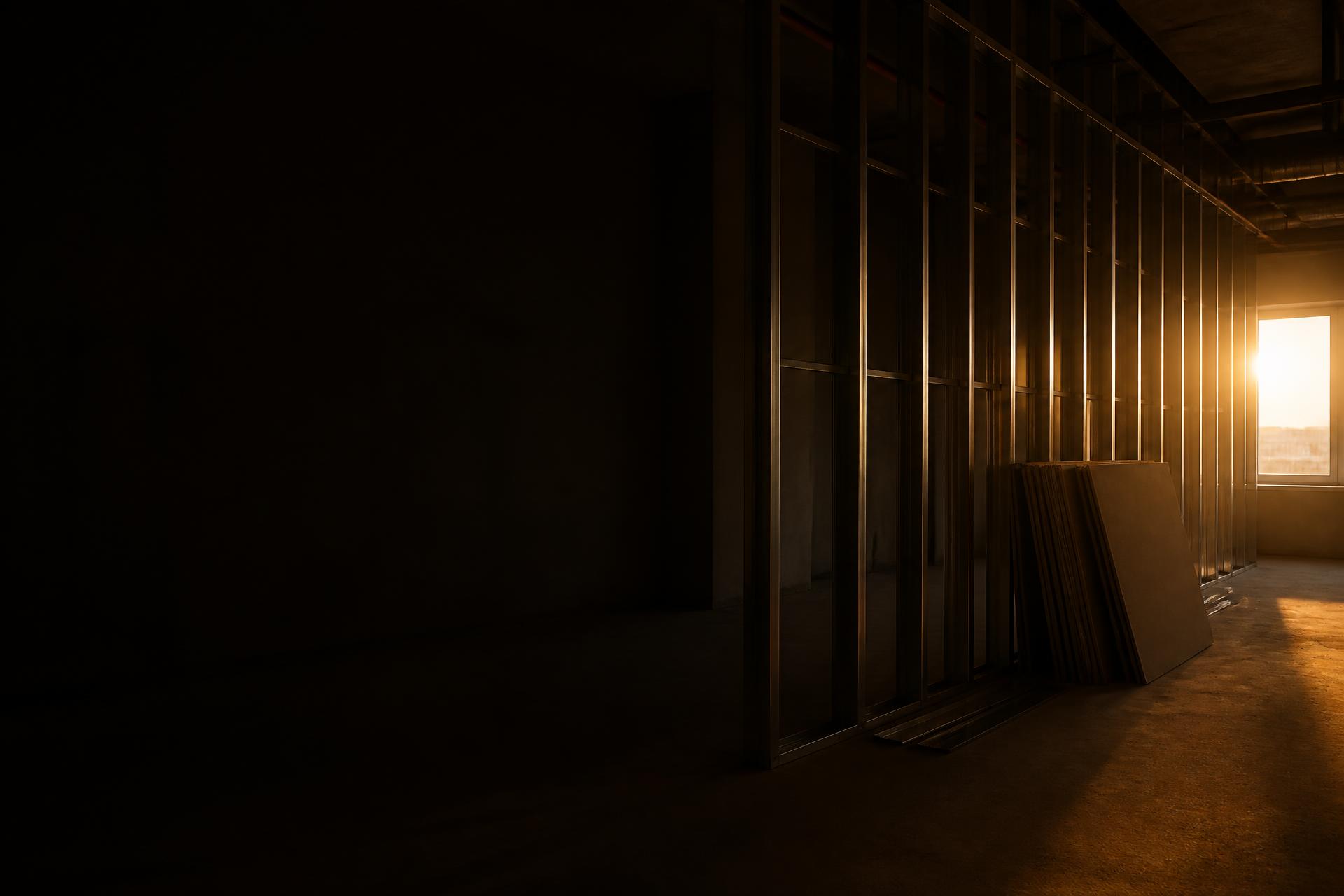Trockenbau-Innenausbau: Ständerwerk und Gipsplatten in einem Loft im goldenen Abendlicht
