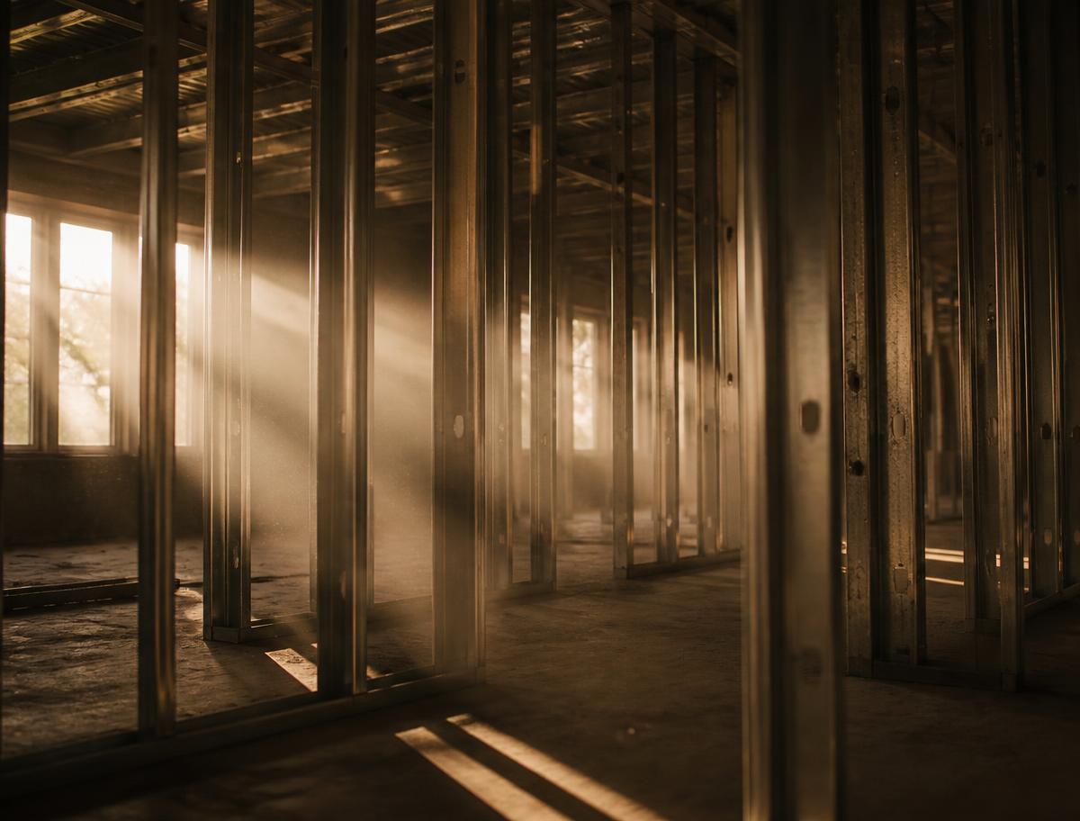 Metallständerwerk einer Trockenbauwand im Gegenlicht
